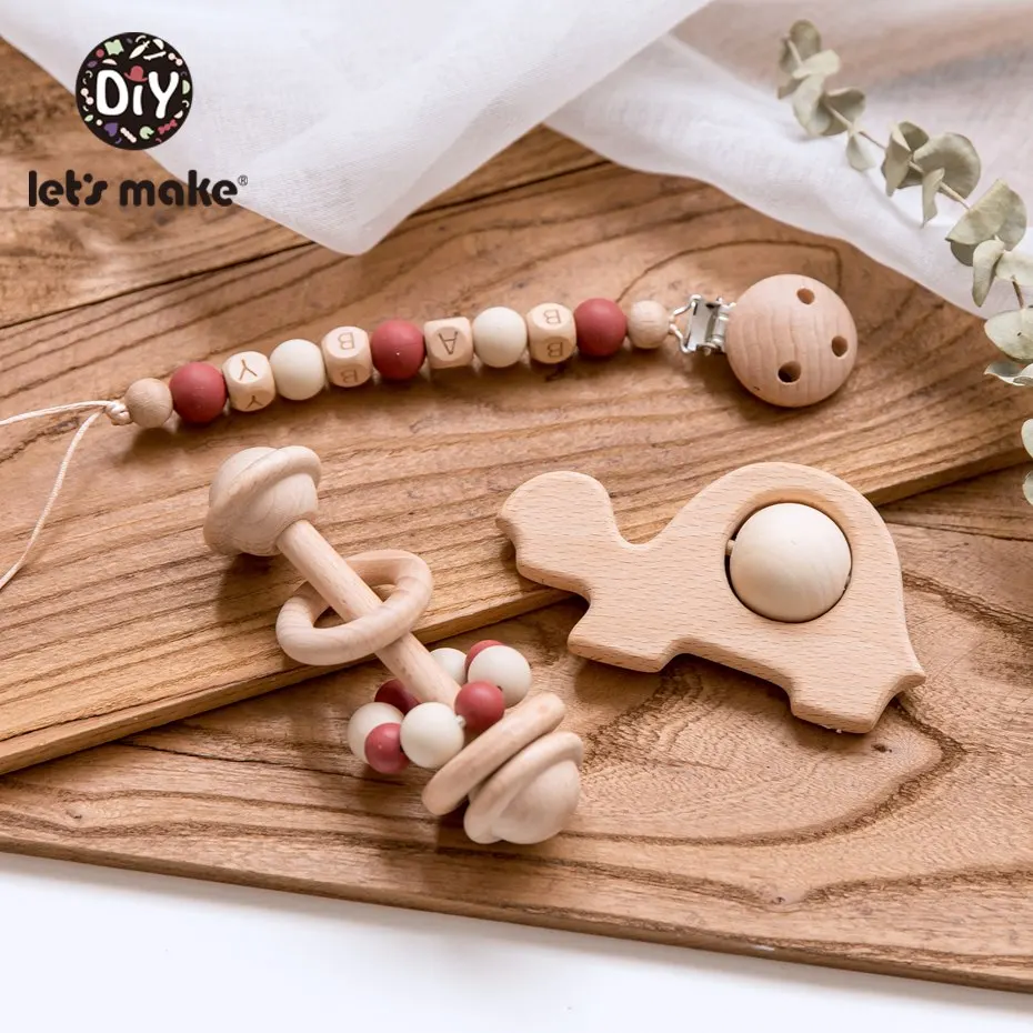 Let's Make 3pc/set Baby Pacifier Chain Holder Foer Nipples Beech Wood Baby Rattle Crib Mobiles Stroller Accessories Baby Toys