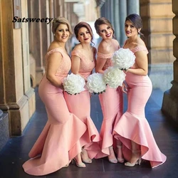 Vestidos Blush Pink Trumpet Bridesmaid Dresses Lace And Satin V Neck Cap Sleeve High Low Formal Weddings Guest Party Gown