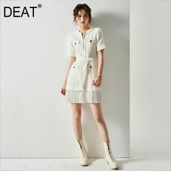 

DEAT 2020 new summer round neck short sleeves metal buttons pocket zippers suit dress pleated woolen waist betls WL80001L