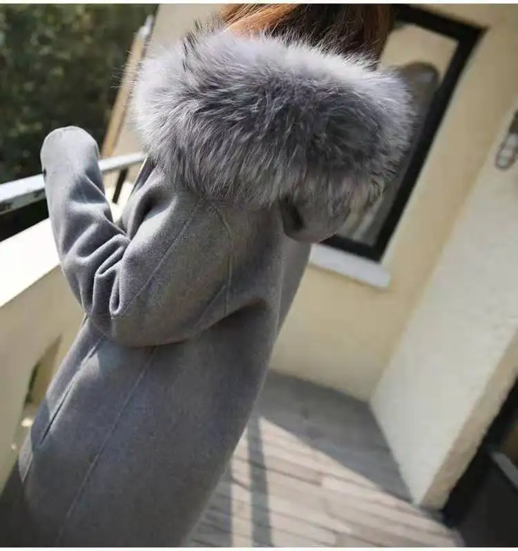 Большой осенне-зимний стиль для девочек, осенне-зимняя мода в Корейском стиле, удлиненная шерстяная куртка средней длины с большим меховым воротником