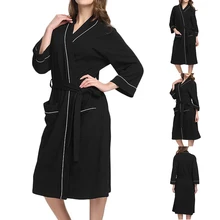 Карманный Повседневный женский халат с длинным рукавом для ванной, домашняя пижама, элегантное кимоно, смесь хлопка, одноцветная Домашняя одежда с поясом, одежда для сна