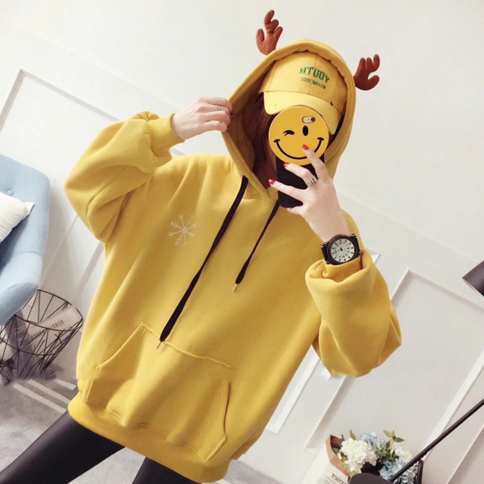 

Oversized Clothes Sweatshirt With Pocket Antlers Women Korean Style Hoodie Poleron Mujer 2020 Snowflake Letter Embroidery Hoodie