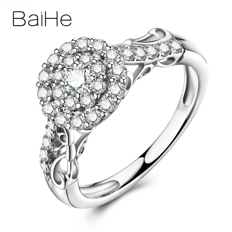 BAIHE, 18 К, белое золото, всего 0,52ct, сертифицировано H/SI, Круглый, с натуральными бриллиантами, для свадьбы, для женщин, модное, хорошее ювелирное изделие, подарок, роскошное кольцо