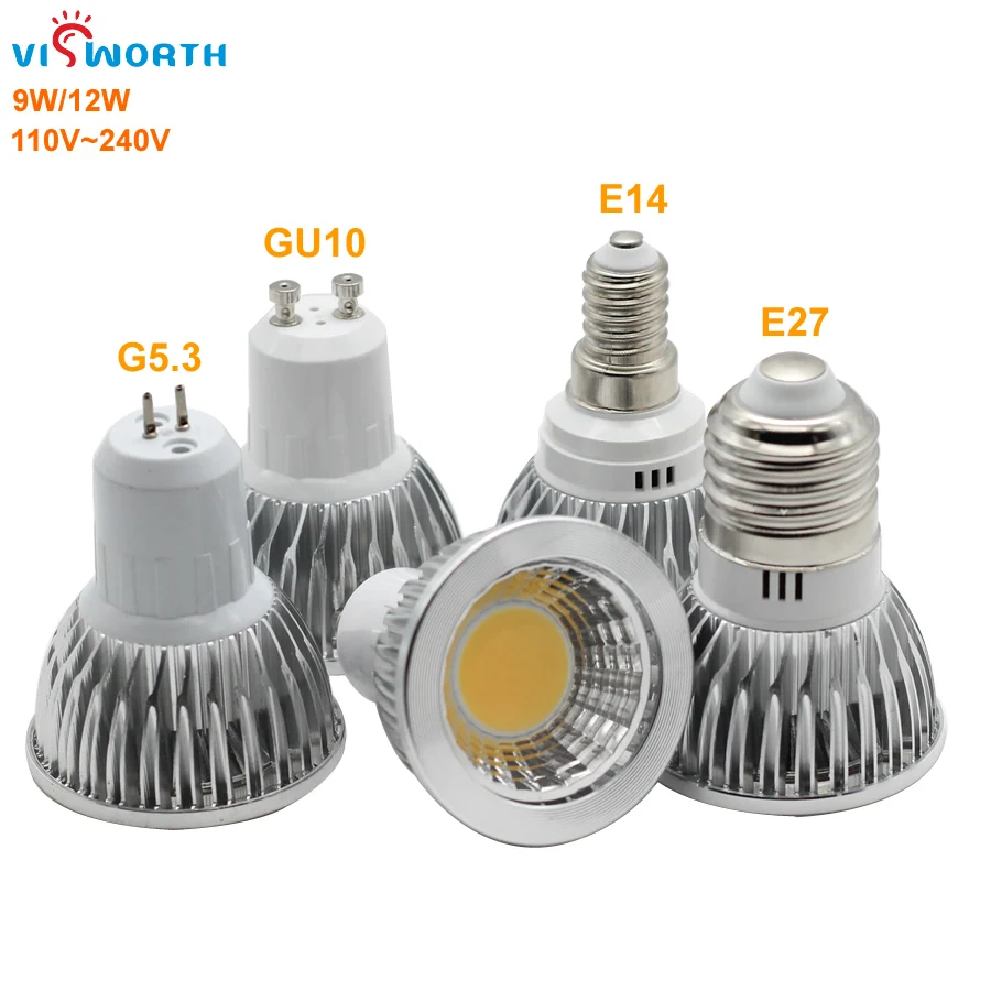 

GU10 LED 9W 12W Dimmable Led Spotlight Aluminum Body Lampada Led Bulb 9W 12W COB G5.3 E14 E27 LED Lamp AC 110V 220V 240V