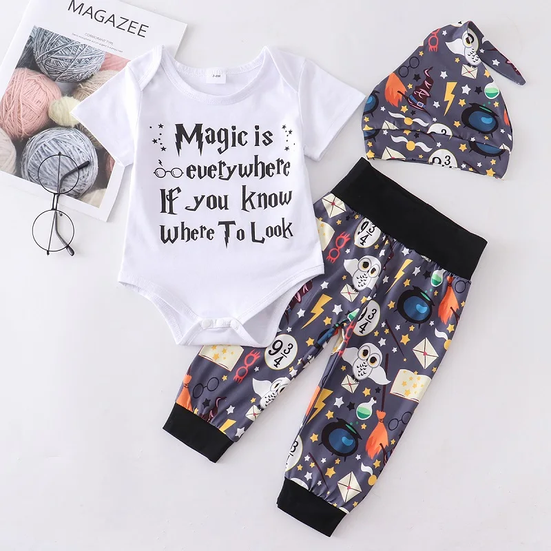 Newborn Baby Boy Clothes Outfits 3 Pieces Sets Little Wizard Tops+Pants+Hat Toddler Baby Boy Girl Clothing
