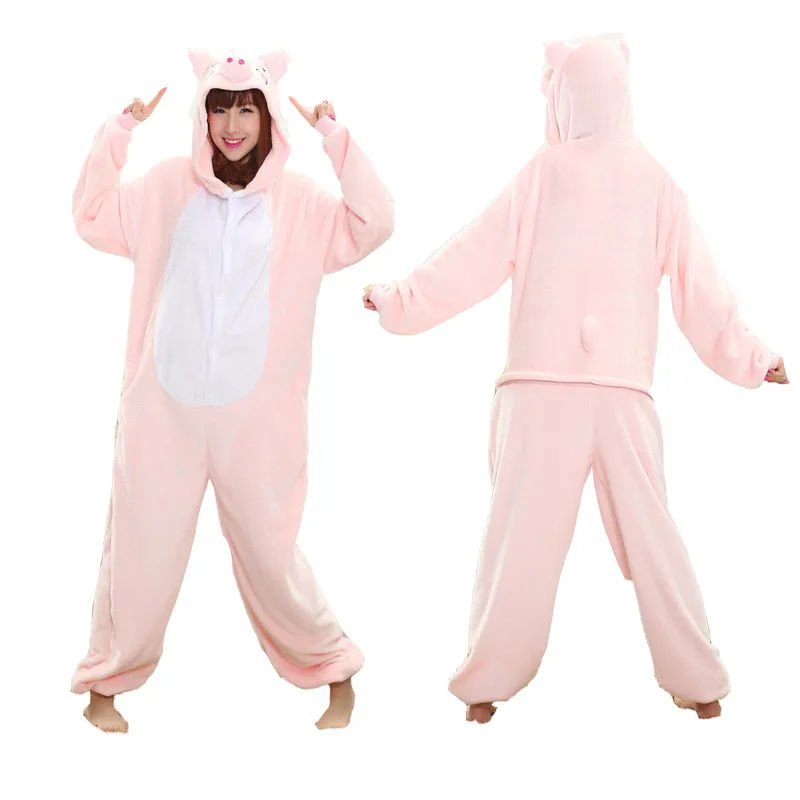 pink pig Кигуруми для взрослых на Хэллоуин, аниме, женские костюмы, косплей, Мультяшные животные, одежда для сна, 3D кошка, Ститч, единорог, Ститч, Покемон, теплый, с капюшоном - Цвет: pink pig