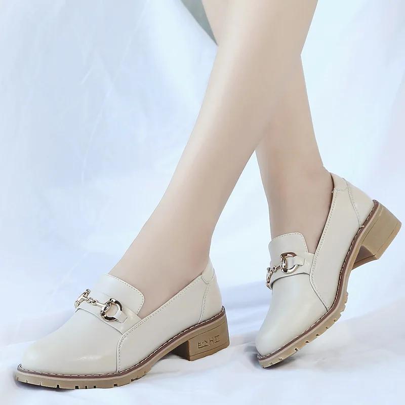 

2018 Shoes Women Flat British Style Horsebit Buckle Chunky-Heel bai da xiao Leather Shoes Slip-on Loafers Women's STUDENT'S Shoe