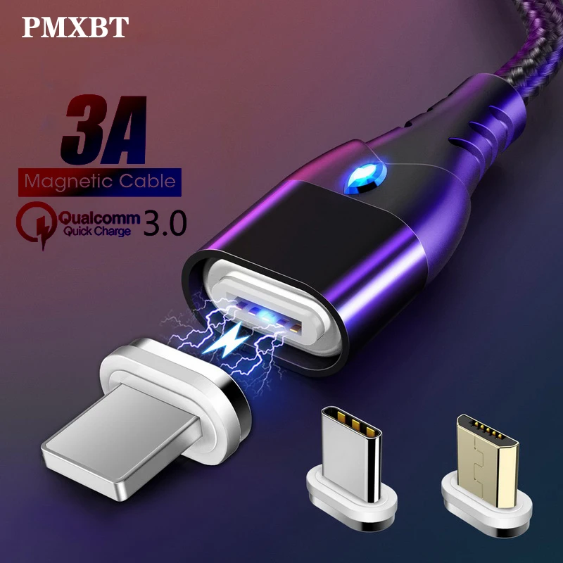 

1m Magnetic Cable Fast 3A For iPhone XS 8 7 Samsung S9 Charger Quick Charge 3.0 Micro USB Type C Magnet Phone Charging Data Cord