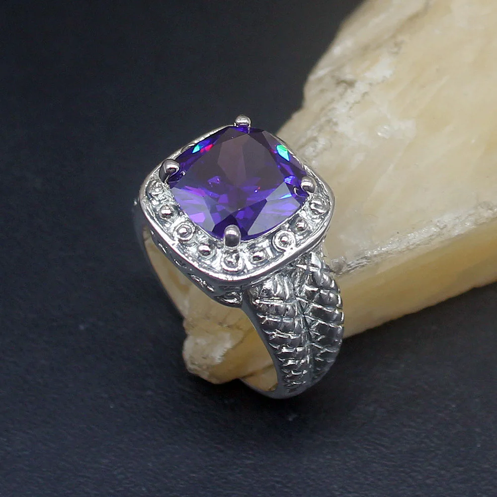 

Hermosa Vintage Purple Amethyst New Genuine 925 Silver Unique Band Ring Wedding Engagement Gifts for Women Size 8# 20214126