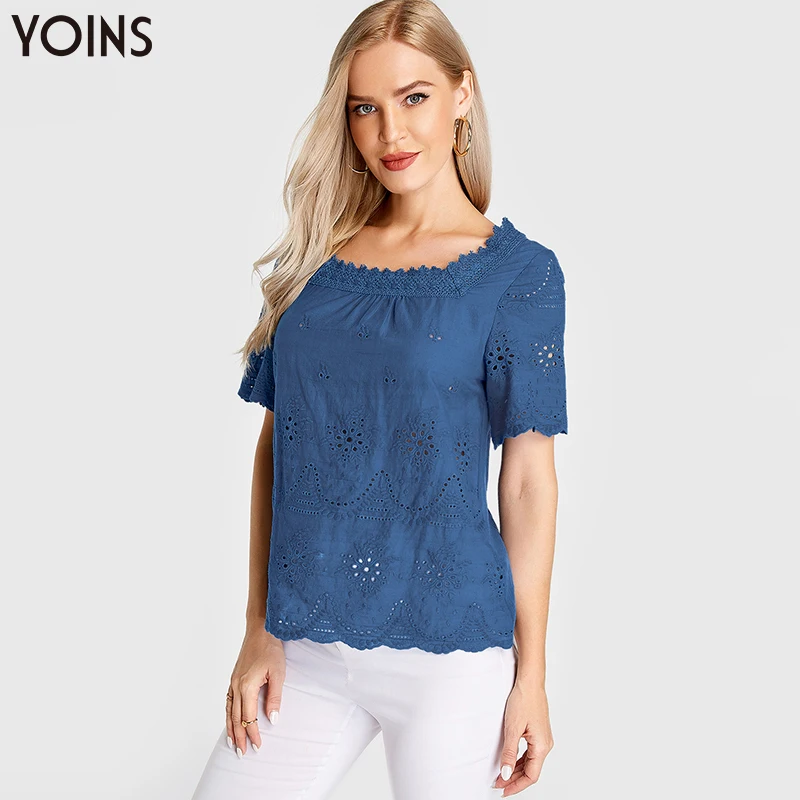 

YOINS 2019 Elegant Embroidered Square Neck Hollow Short Sleeve Blouse Women Fashion Casual Shirt Regular Tunic Blusa Office Chic