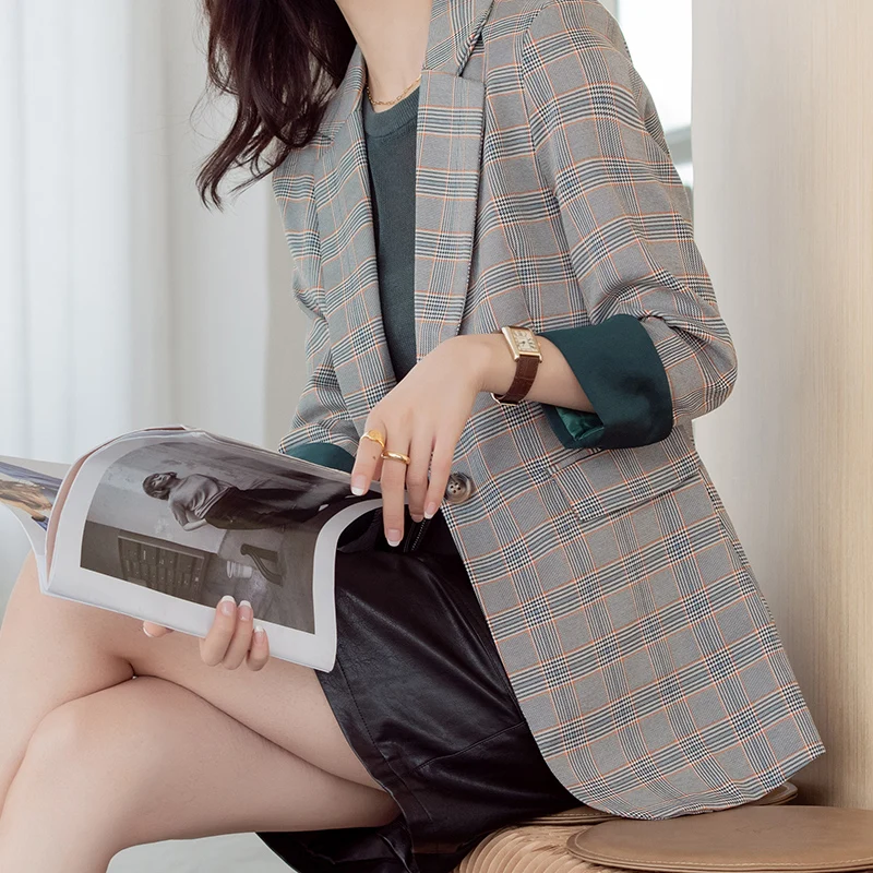 Meados de Comprimento de Alta Xadrez Pequeno Terno Jaqueta Feminina Qualidade Estilo Coreano Fino Moda Casual Blazer Escritório Cabolsa Temperamento 6 comprimento de alta qualidade estilo coreano fino