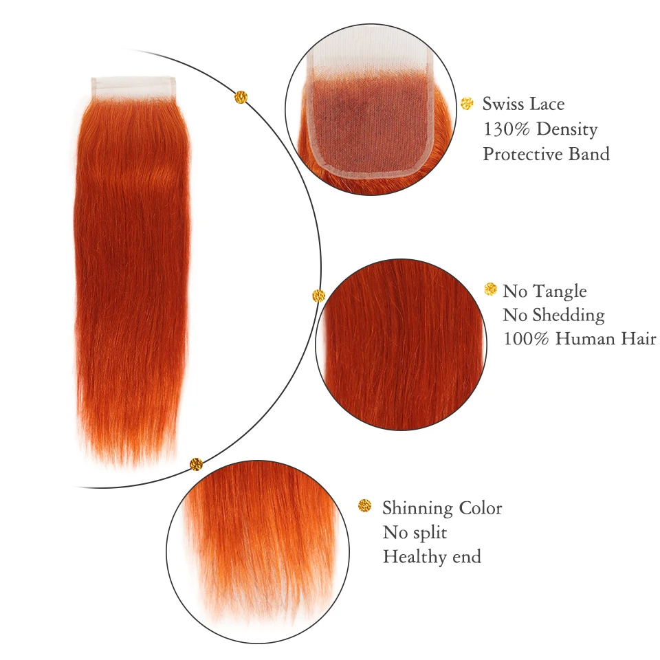 Joedir Hair Brazilian Straight Hair Bundles With Closure Human Hair Weave Bundles With Closure Orange Red Bundles With Closure