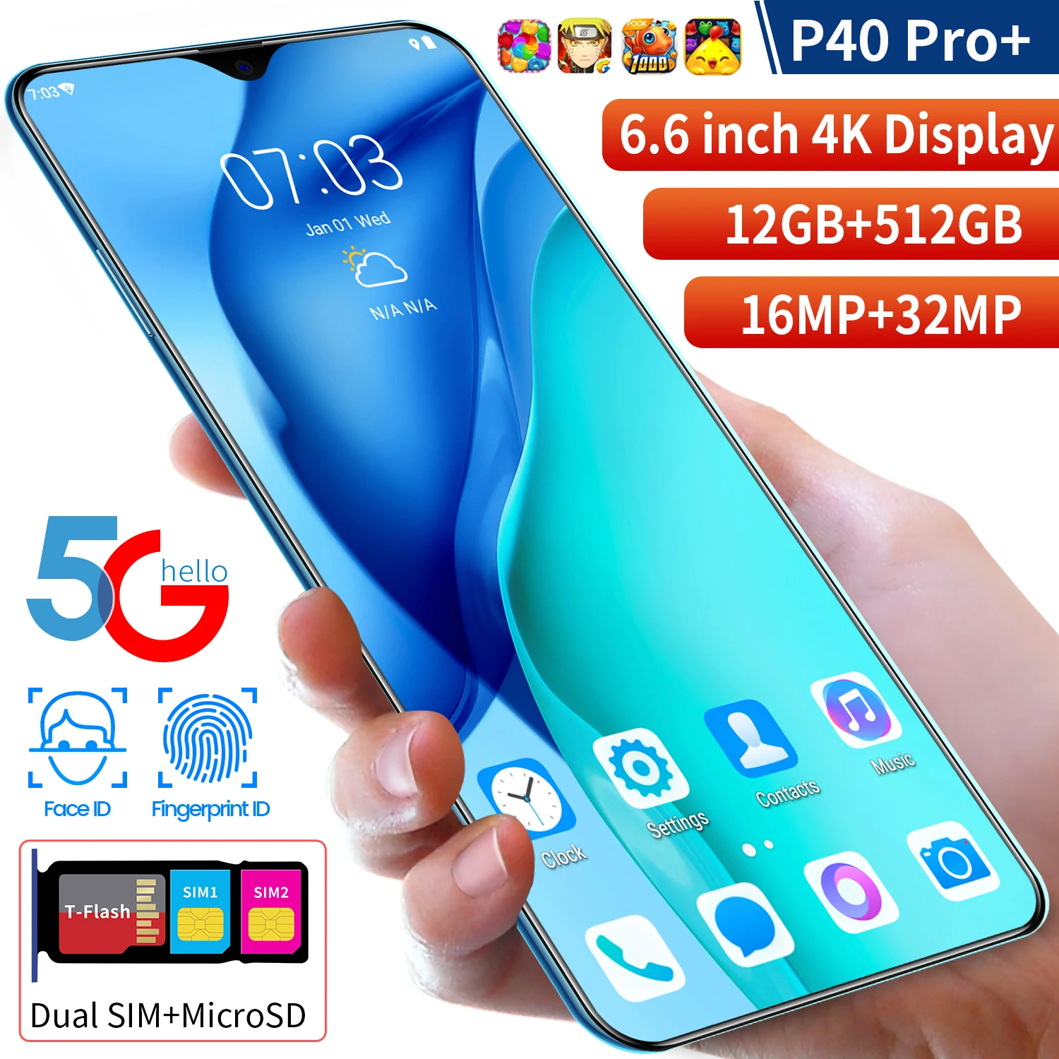 2021 Global Versie P40 Pro + 6.6Inch Android 8Gb Ram 256Gb Rom Deca Core Cpu 5000Mah mobiele Telefoon 32MP Achter Camera