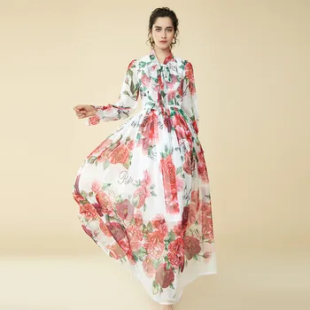 

European American Design Women Full Length Printing Dresses Bow Collar Sweet Pattern Chiffon High Quality Ball Gown Dress
