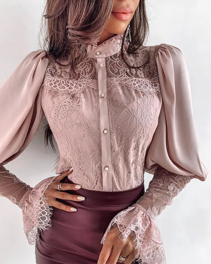  Elegant Lace Patchwork Puff Sleeve Buttoned Blouse Long Sleeve Autumn Winter Shirt