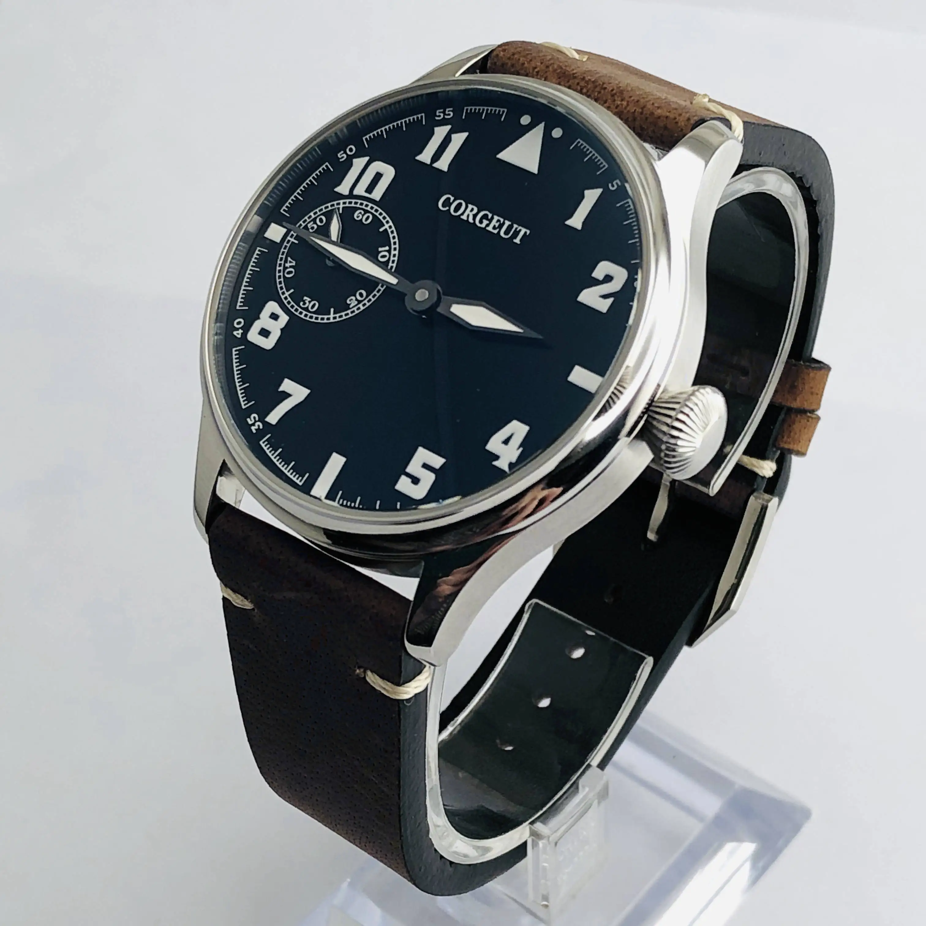 style 1 44 мм CORGEUT серебряный корпус черный циферблат кожаный ремешок 17 драгоценностей механический 6497 ручной завод светящиеся мужские часы - Цвет: style 1