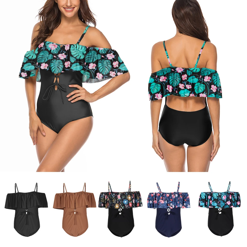 

Plus Size Womens Monokini Swimsuit One Piece Swimwear Flounce Beach Bathing Suit Summer Travel Holiday Bikini Padded High Waist