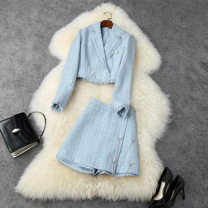 

Tweed Skirt Suits Ladies Autumn Winter 2020 Notched Collar Long Sleeved Tassels Small Jacket + Mini Wide Leg Culottes 2PCS Set