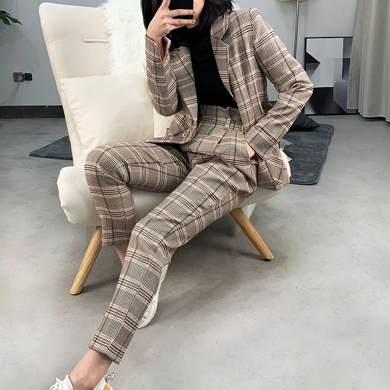 

New 2019 Fashion Autumn Vintage Grid Casual Pants Women Lattice Trousers Female Office Lady Capris Women Trousers