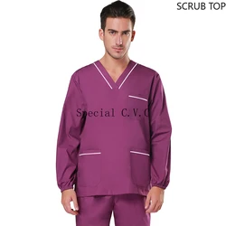 Long Sleeve Medical Uniform Plug Size Nursing Scrubs Top V-neck Doctor Workwear Cotton Hospital Overalls Color Blocking Scrubs