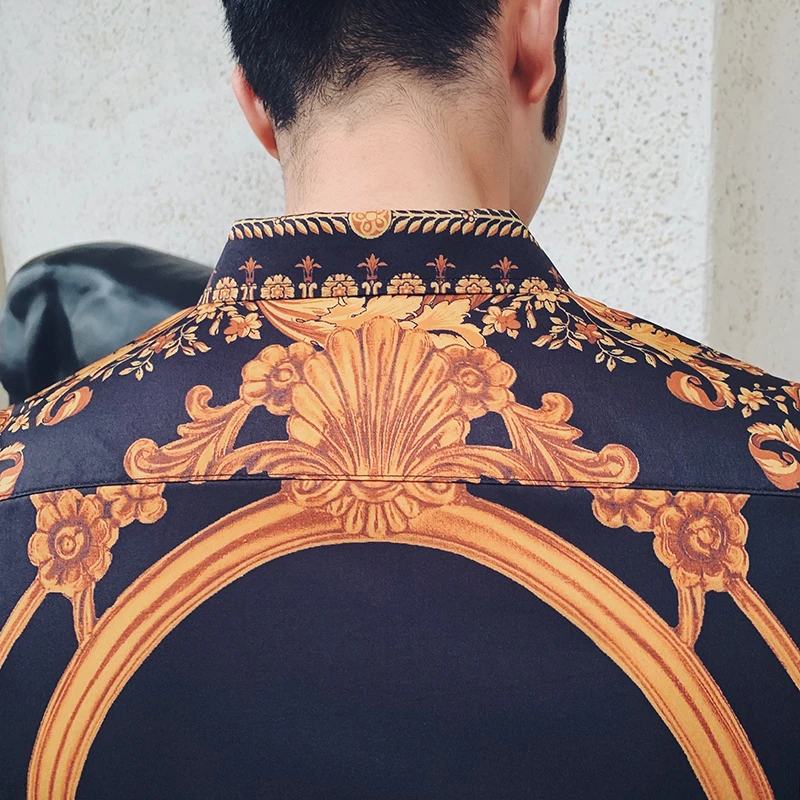 Рубашки в уличном стиле мужская одежда Camisa Homem гавайская рубашка с золотым принтом Мужская рубашка с длинными рукавами и цветочным принтом Мужская рубашка Camisa Masculina