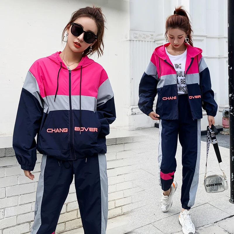 Ceny Nowy dres z kapturem zestawy dwuczęściowe damskie stroje 3 kolorowy patchwork vogue spodnie damskie garnitur ubrania casualowy dres 2019