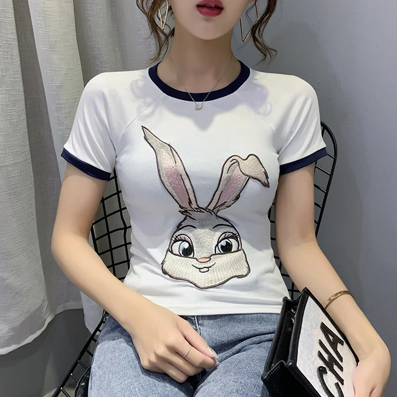 

2020 New Cotton round Neck Short Sleeve T-shirt Women's Color Panel Embroidered Fashion Wild Was Thin Bottoming Shirt