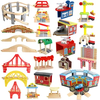 Wooden Track Railway Accessories Bridge Train Station Tunnel Cross Compatible All Brands Wood Track Educational Toys for Kids 1