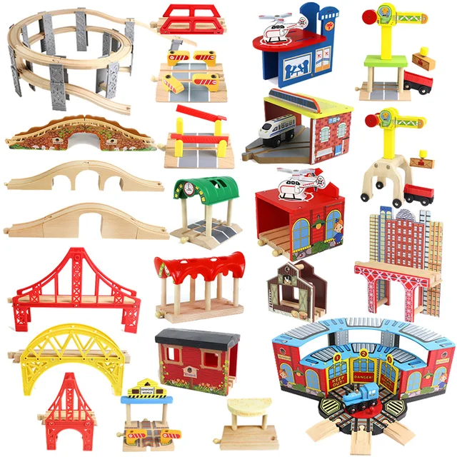 Wooden Track Railway Accessories Bridge Train Station Tunnel Cross Compatible All Brands Wood Track Educational Toys for Kids 1