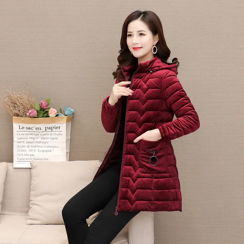 

New Style Middle-aged Mom down Jacket Cotton-padded Clothes Middle-aged Women's Winter Medium-length Gold Velvet Warm Cotton-pad