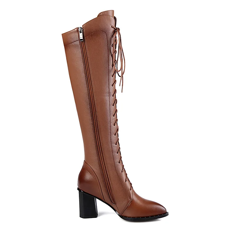 Full Grain Genuine Leather Handmade Cow Boots High Over The knee Black Shoes For Woman Short Plush Inside Zipper Med Heels