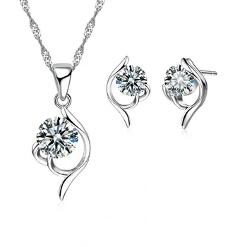 2020 Latest Shinning Woman Gift 925 Sterling Silver Jewelry CZ Pendant Necklace Earring Lady Wedding Engagement Set With Box