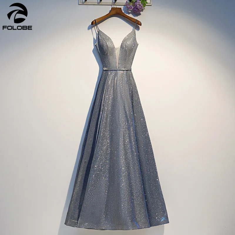 

FOLOBE 2019 Shiny Long Gray Party Dresses Spaghetti Straps Lace up Back Floor length Women Formal Banquet Dress Vestidos