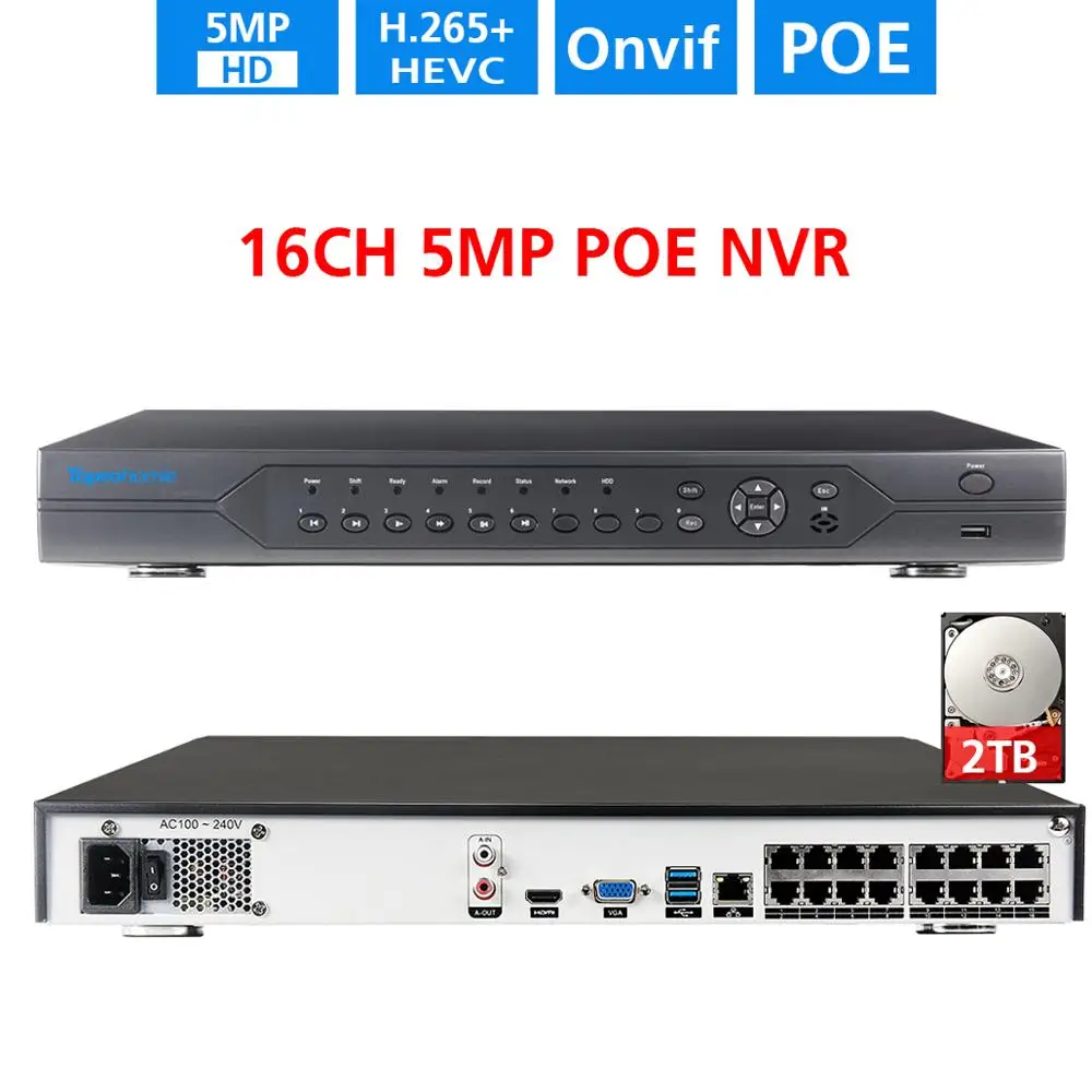 Система видеонаблюдения TOPROHOIME сетевой видеорегистратор H.265 + 16 каналов 4K HDMI 5 Мп POE