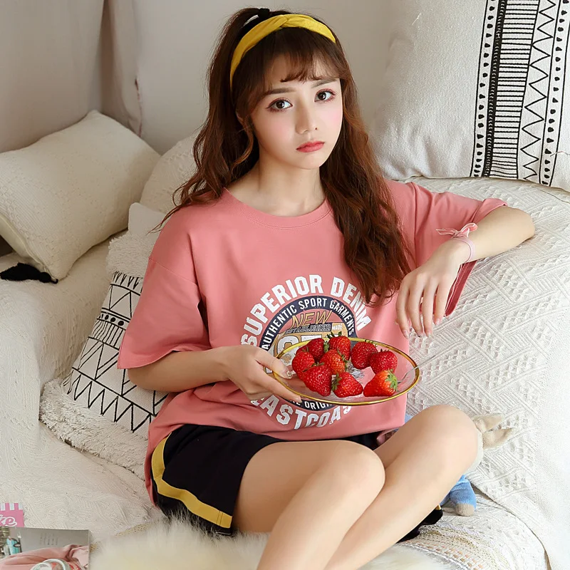 

3603 # Summer Pajamas WOMEN'S Suit 6535 Short Sleeve Shorts Sweet Two-Piece Set-Outer Wear M -Xxl