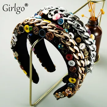 

Girlgo Za Headbands For Women Gold Velvet Hand-sewn Sponge Wide-brimmed Headband Female High-end Color Button Headband Ins Hot