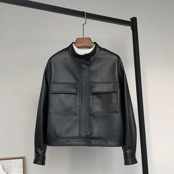 

Nerazzurri Short black faux leather jacket women zipper pockets long sleeve mandarin collar Plus size women clothing streetwear