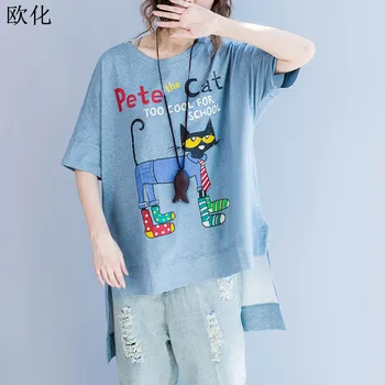 

Harajuku Kawaii Cartoon Print Cat Women Dres Plus Size Summer Batwing Cotton Tee Shirts Female Oversize Big Size T-Shirts 2020