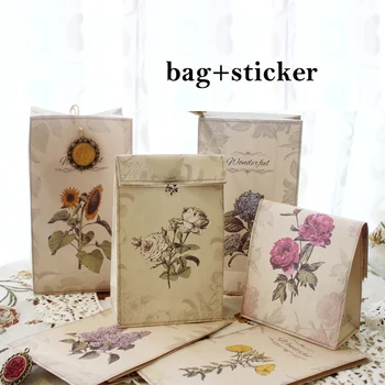 

24 sets Retro style flower paper bag add sticker Gift Bags Party snacks candy PackagingGift Wrap Storage bag