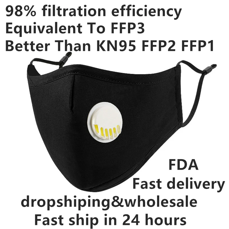 

Fast Shipping 98% Filterability Carbon Filter Cotton PM2.5 Mouth Mask Breath Valve Better Than KN95 FFP2 FFP1 Equivalent To FFP3