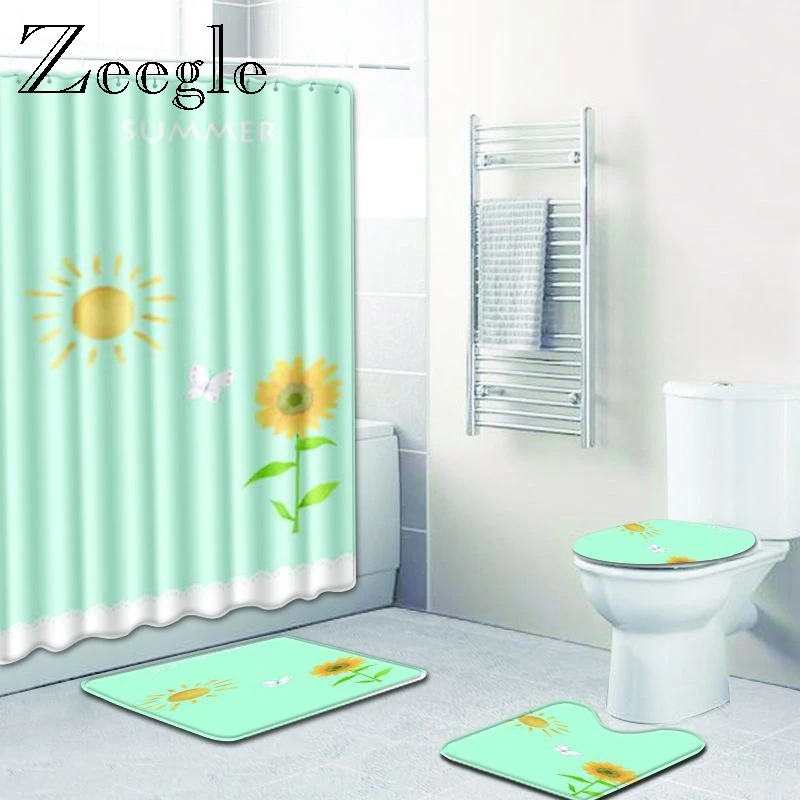 Cartoon Shower Curtain with Bathroom Mat Set Toilet Pedestal Rug Absorbent Bath Cover Toilet Seat Waterproof Bathroom Curtain