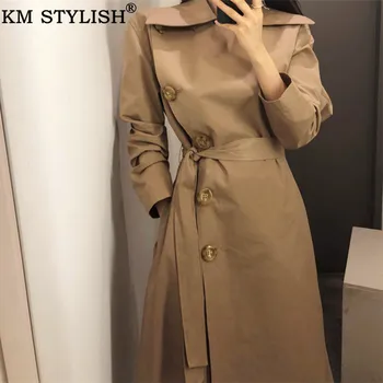 

Trench Coat For Women Cloth Autumn Winter Khaki Belt Long Trench Turn-Down Collar Casual Windbreaker Female OL Outwear