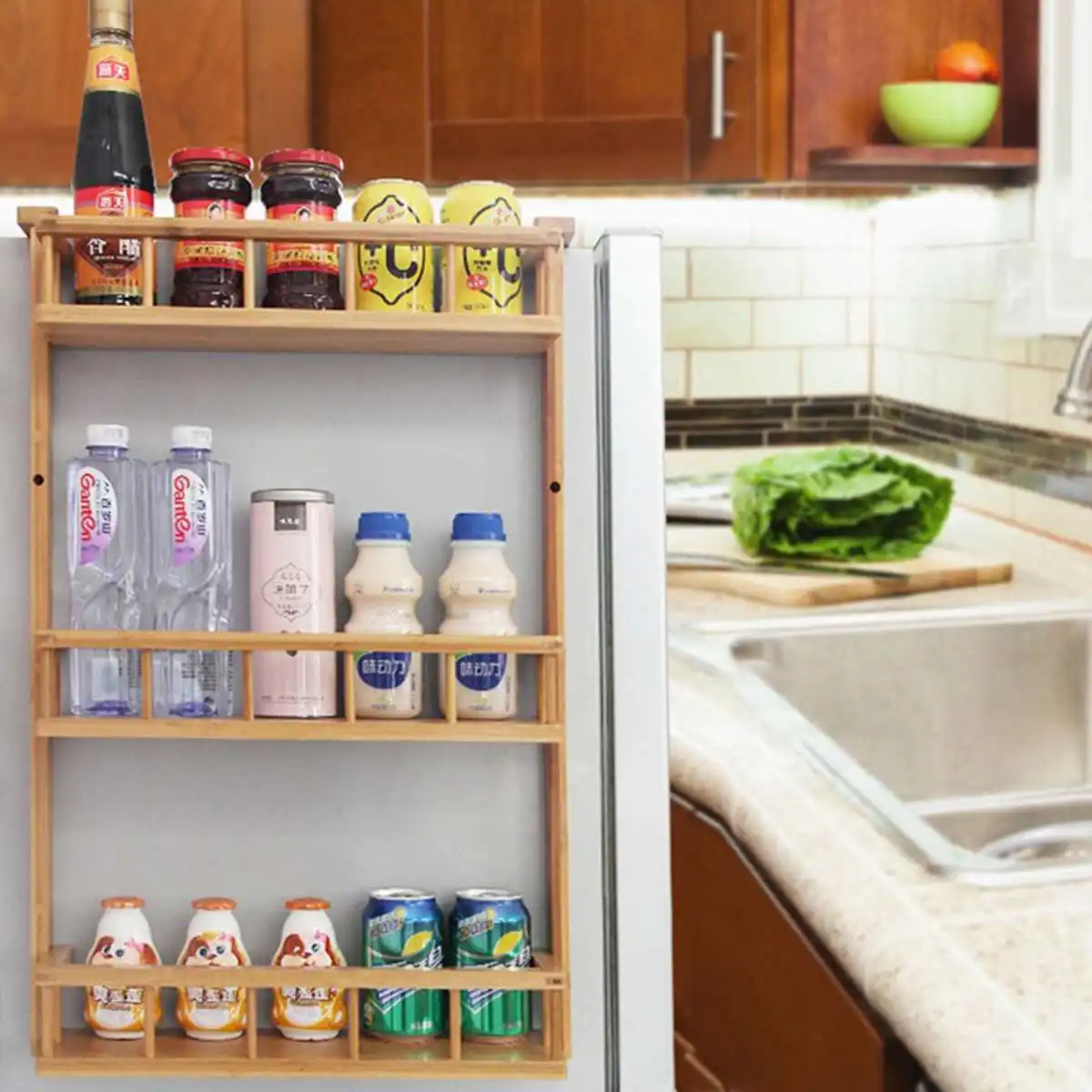 

Hot New Multi-Layer Bamboo Adjustable Refrigerator Shelf Fridge Side Rack Sidewall Holder Kitchen Supplies Organizer Side Hangin