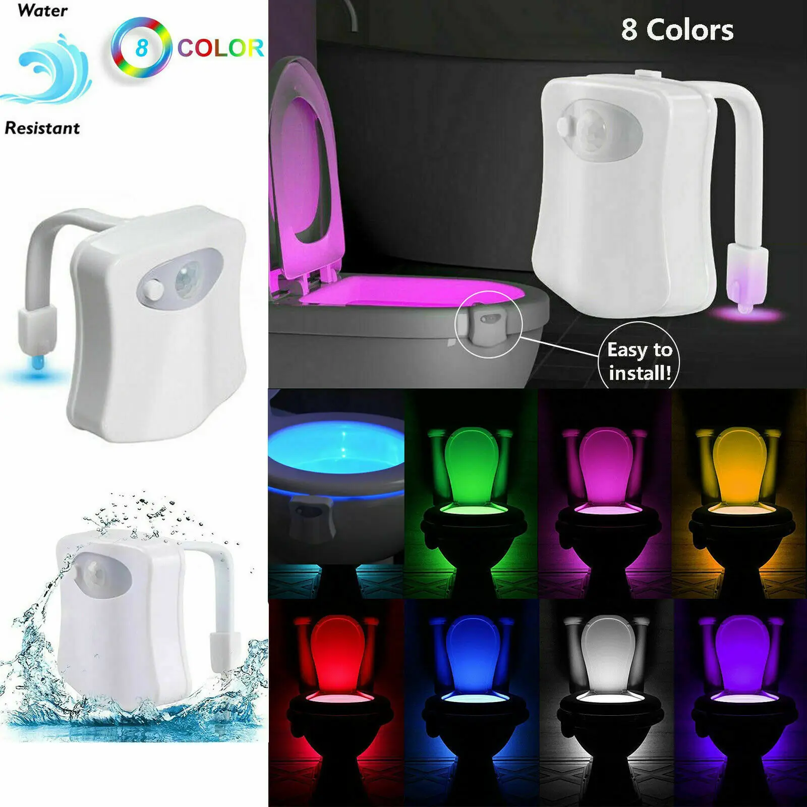 3pcs Smart Pir Motion Sensor Toilet Seat Night Light 8colors Waterproof