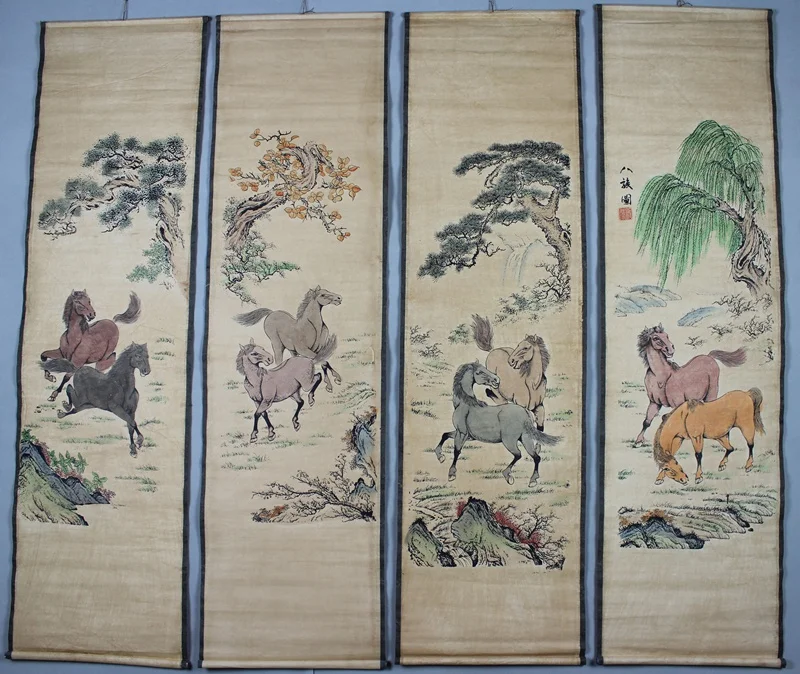Набор из четырех изысканных китайских свитков картина Лошадь со знаками Зодиака
