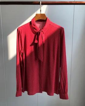 

Spring Autumn Women Red Polka Dot Print Blouse Long Sleeve Tie Bow Ribbon Viscose Shirt Top 2019 New