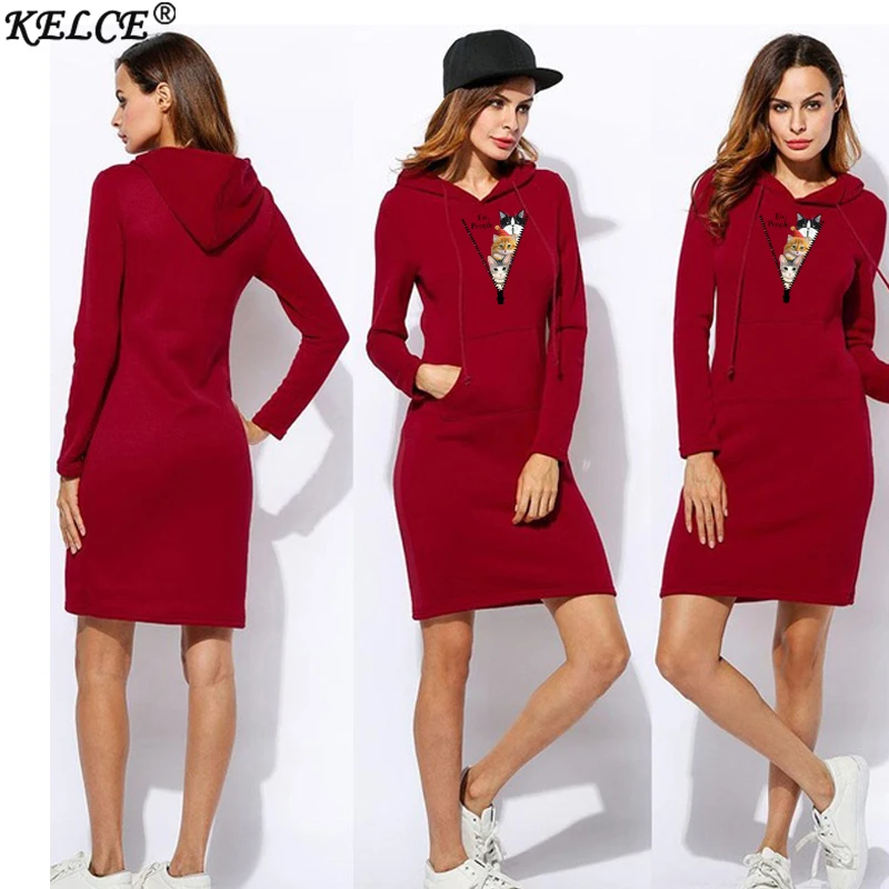 

Women Autumn Winter Loose Longer Hoodie Zipper Cat Print Sweatshirts Casual Multi Pocket Drawstring Long Sleeve Sweatshirt Dress