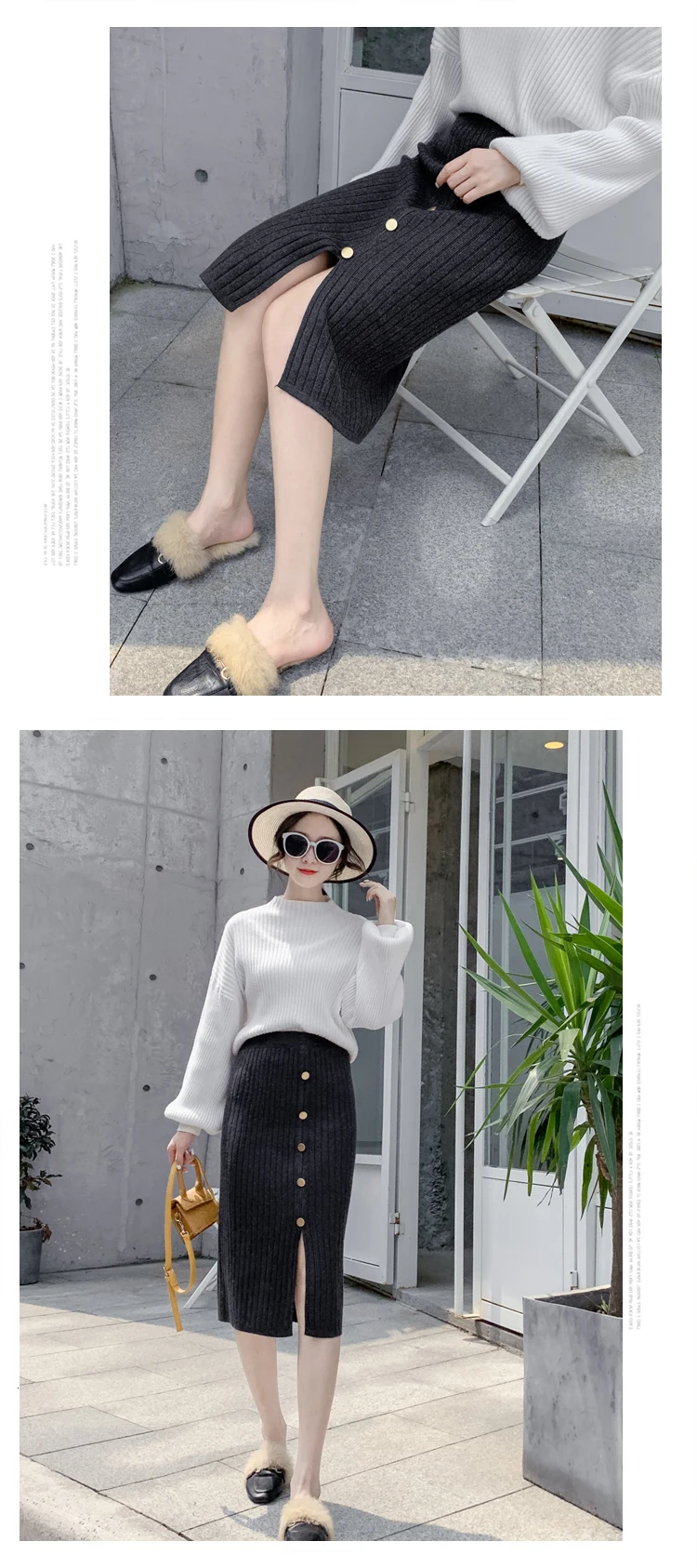 Genayooa Vintage Knitted Skirts Women Split Elegant Midi Skirt Women High Waist Elastic Skirt Pencil Streetwear Fashion