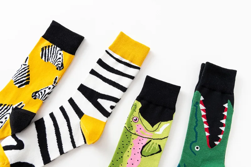 1 пара креативных осенне-зимних хлопковых повседневных носков для мужчин и женщин, носки в полоску с изображением животных, зебры, акулы, крокодила, забавные Классические носки