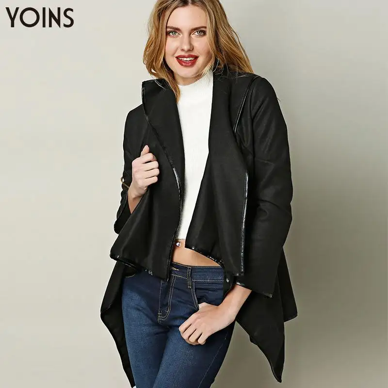 

YONIS 2019 Autumn Winter Spring Women High Neck Front Wrapped Trench Coats Long Sleeves Irregular Hem Coats Party Work Cardigan